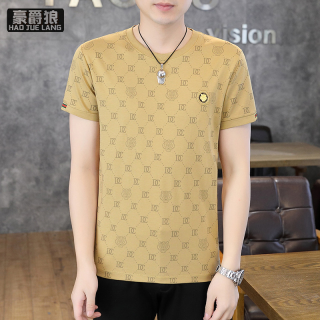 13368327.冰丝男士圆领t恤上衣夏季新款高端休闲潮流短袖男休闲半袖打底衫