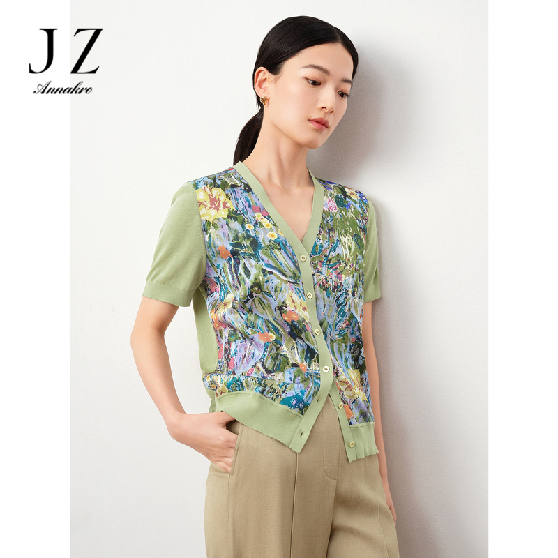 13367898.JZ玖姿商场同款油画丝棉假两件针织开衫女夏季新款JWDX30808