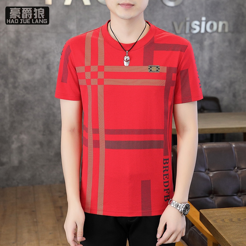 13368338.轻奢级凉感冰丝男士条纹短袖t恤夏季修身圆领高级感薄款体恤