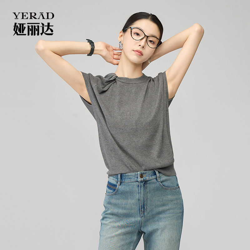 13366644.【娅丽达】通勤圆领扭结羊毛针织衫女打底衫桑蚕丝宽松打底衫