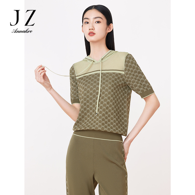 13367627.JZ玖姿商场同款老花休闲撞色拼接连帽针织衫装夏季新款JWDX31244
