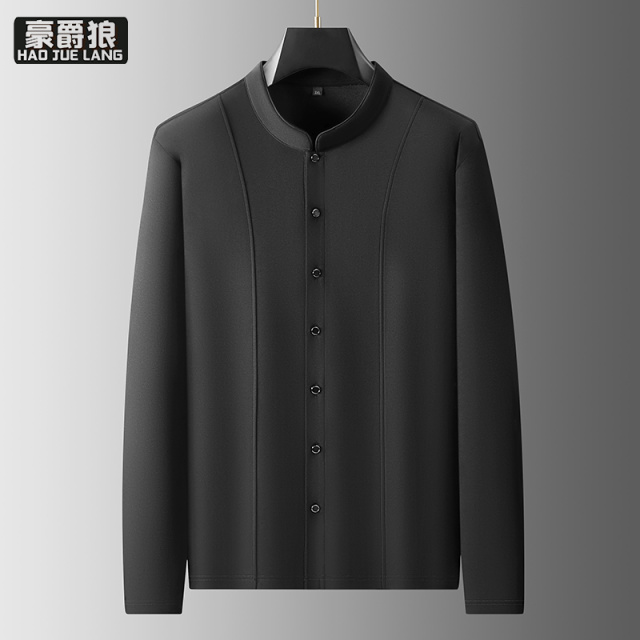 13368336.【大码男装】胖子休闲立领长袖衬衣男士加大码简约宽松纯色中国风衬衫