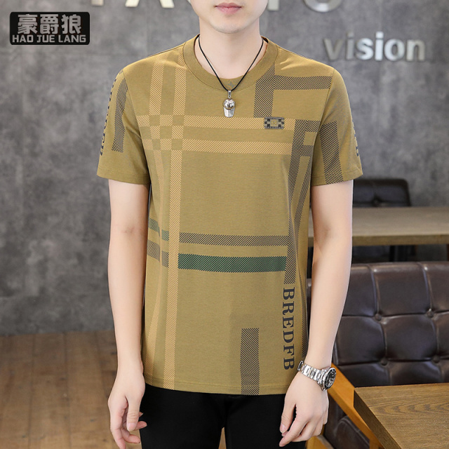 13368338.轻奢级凉感冰丝男士条纹短袖t恤夏季修身圆领高级感薄款体恤