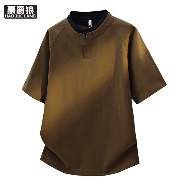 13368286.夏季新款假两件短袖T恤男士潮牌半袖体恤冰丝棉高中学生宽松上衣