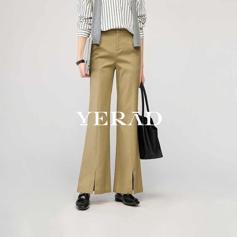 13367533.【娅丽达】开叉直筒喇叭裤女通勤风休闲长裤拖地微喇裤子