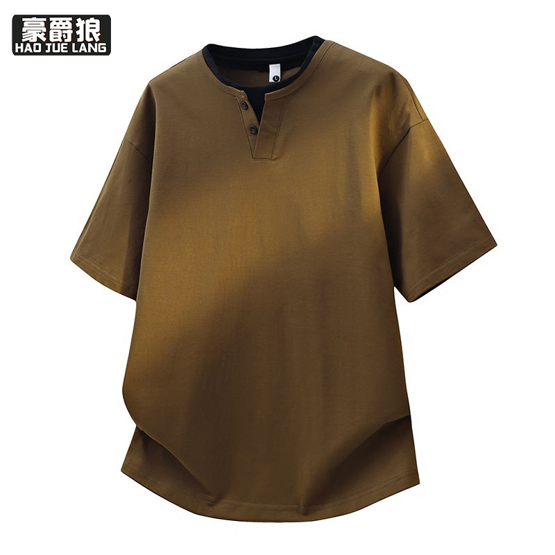 13368359.夏季新款假两件短袖T恤男士潮牌半袖冰丝棉高中学生宽松体恤上衣