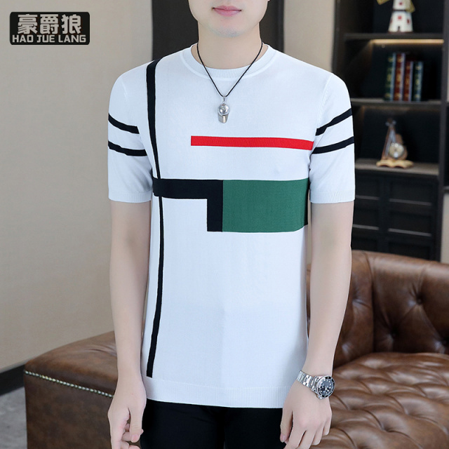 13368293.夏季新款撞色条纹冰丝针织短袖T恤男圆领修身薄款百搭上衣潮