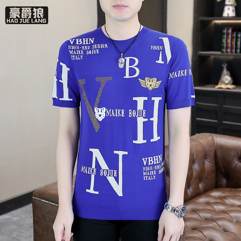 13368278.针织衫男夏季薄款冰丝短袖t恤时尚新款重磅体恤青年男士圆领上衣