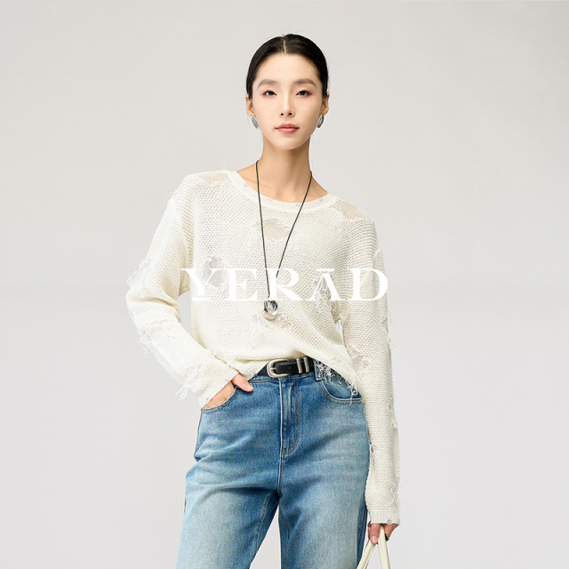 13366607.【娅丽达】设计感镂空毛边针织衫女衣长袖个性好看内搭外套