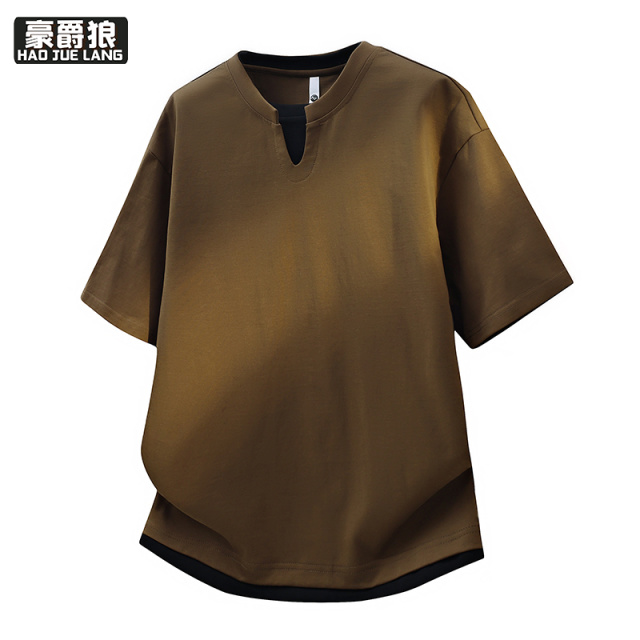 13368287.假两件小V领短袖t恤男夏季青少年潮牌宽松设计感凉感薄款半袖上衣