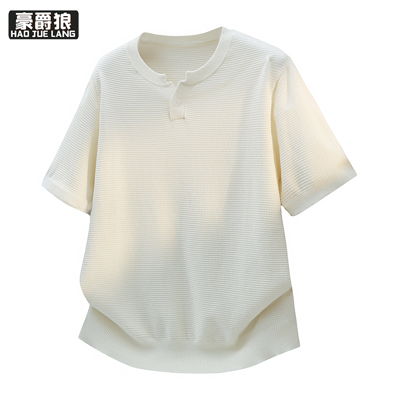 13368281.夏季新款潮牌简约风亨利领日常休闲风短袖T恤男宽松套头上衣