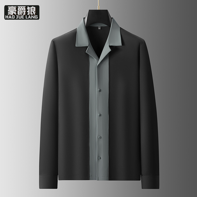 13368333.【大码男装】加肥男士假两件衬衫胖子春秋款宽松休闲长袖拼色衬衣