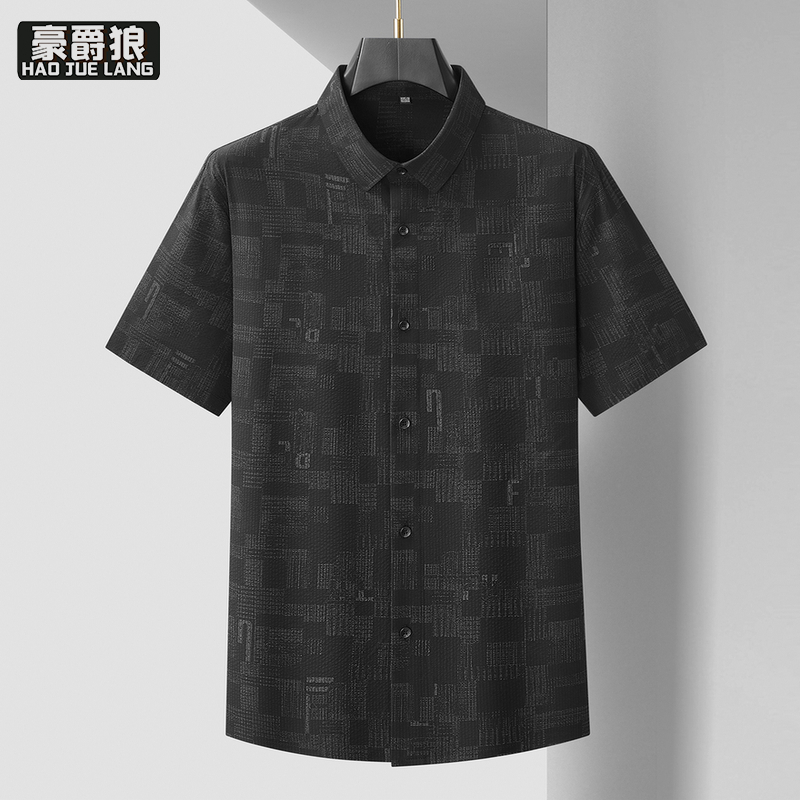 13368349.【大码男装】夏季新款潮胖子时尚印花短袖衬衫男加肥加大薄款透气衬衣