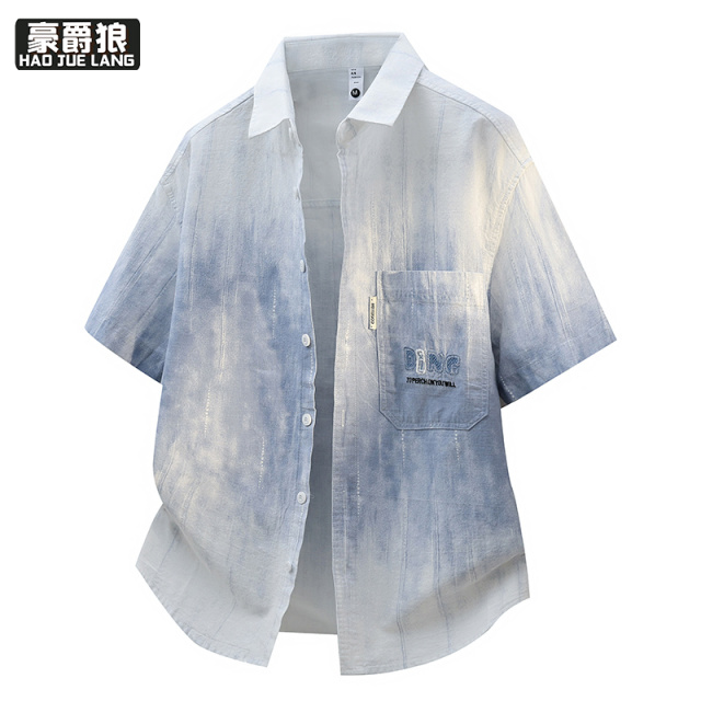 13368364.渐变色短袖衬衫男夏季舒适新款翻领纯棉衣服痞帅休闲青少年衬衣男