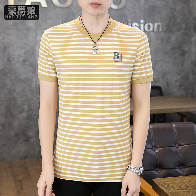 13368296.纯棉短袖t恤男夏季休闲潮流薄款条纹体恤半袖圆领刺绣上衣打底衫