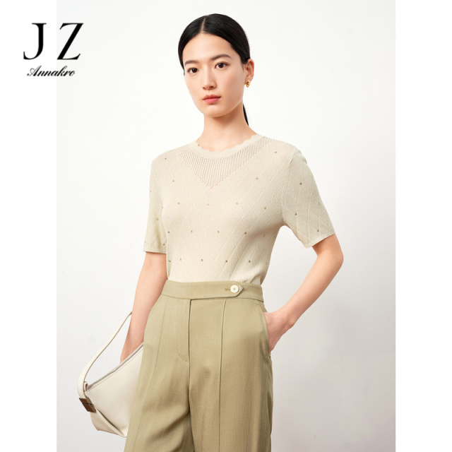 13366806.JZ玖姿商场同款简约格纹几何短袖套头针织衫装夏季新款JWDX31216
