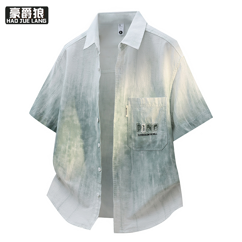 13368364.渐变色短袖衬衫男夏季舒适新款翻领纯棉衣服痞帅休闲青少年衬衣男