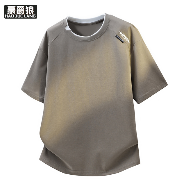 13368373.夏季新款短袖男圆领t恤假两件半袖青少年学生宽松休闲纯色棉体恤