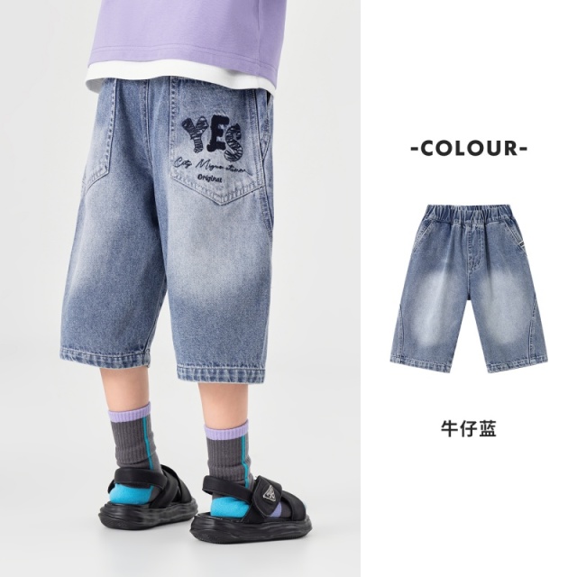 13378337.男童水洗牛仔裤夏季帅气刺绣简约休闲裤儿童透气休闲百搭六分裤