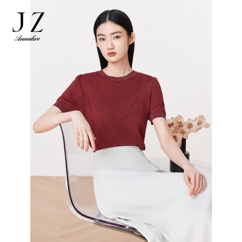 13368740.商场同款JZ玖姿亮丝纱线针织衫夏季新款图案短袖JWDX31230