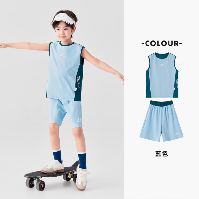 13378128.男童夏季篮球服户外运动背心套装弹力透气短裤儿童动感撞色两件套