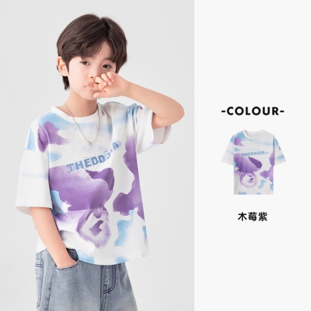 13378122.男童T恤夏季潮酷休闲晕染满印上衣艺术感童装儿童凉感纯棉短袖