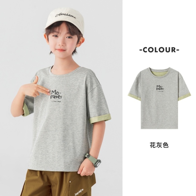 13378107.【软糯吸汗 透气棉感】男童假两件T恤夏季撞色卷边印花儿童短袖