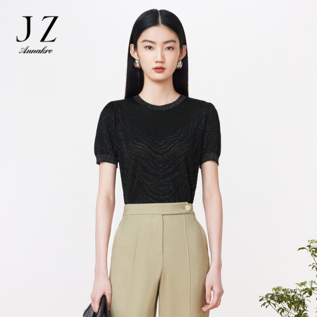 13368740.商场同款JZ玖姿亮丝纱线针织衫夏季新款图案短袖JWDX31230