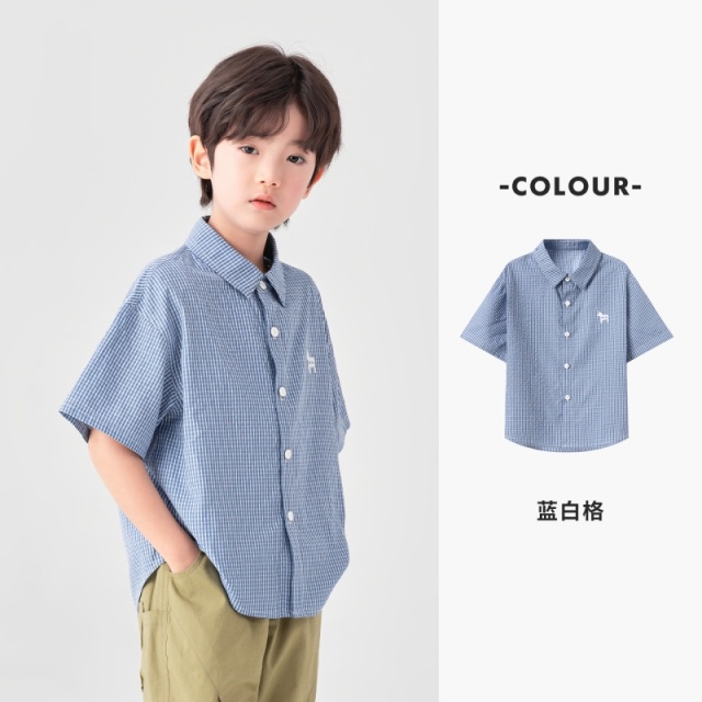 13378110.男童蓝白格纹衬衫夏季清新休闲风小马刺绣中大童上衣儿童短袖衬衣