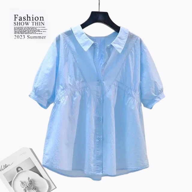 13460927.初云紫衣春夏装 女时尚短袖衬衫洋气百搭宽松薄款衬衣泡泡袖上衣2138