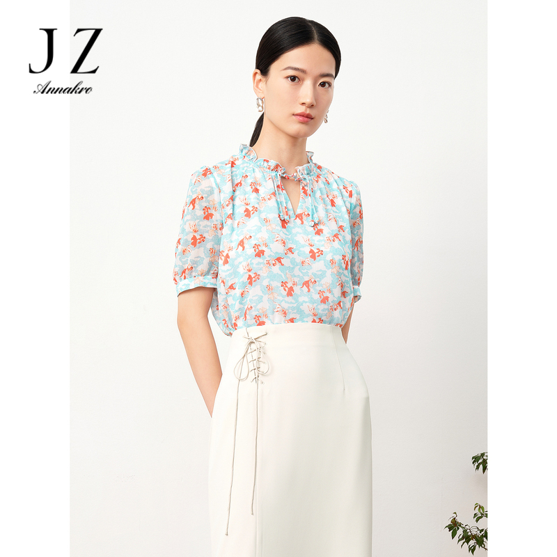 13368879.JZ玖姿洋气新中式锦鲤印花直筒雪纺蓝色短袖上衣女夏季新款
