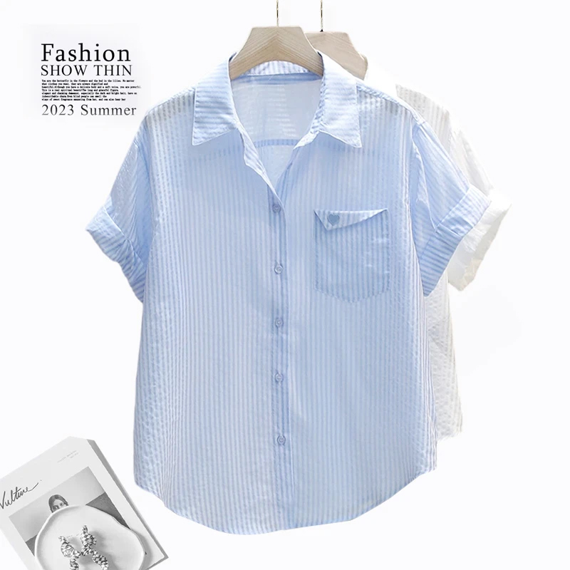 13460925.初云紫衣春夏装 女时尚条纹POLO领短袖衬衫宽松显瘦百搭上衣2259