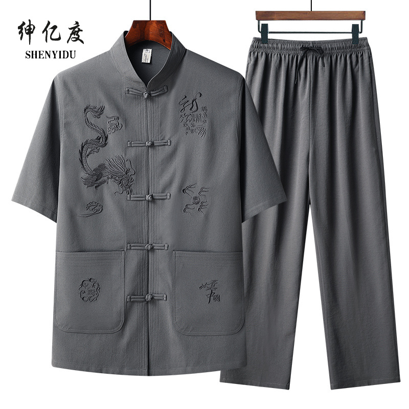 13389022.唐装夏季男中老年爸爸夏装男士老年人中国风爷爷短袖套装