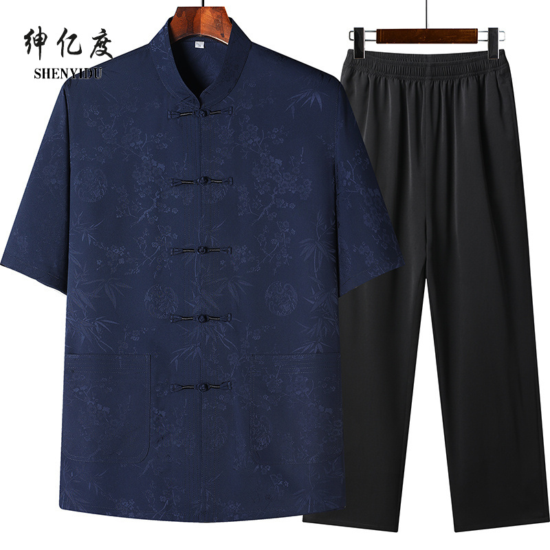 13389818.【主推】爸爸夏装衬衫男士短袖唐装中老年衬衣仿真丝丝绸男装套装
