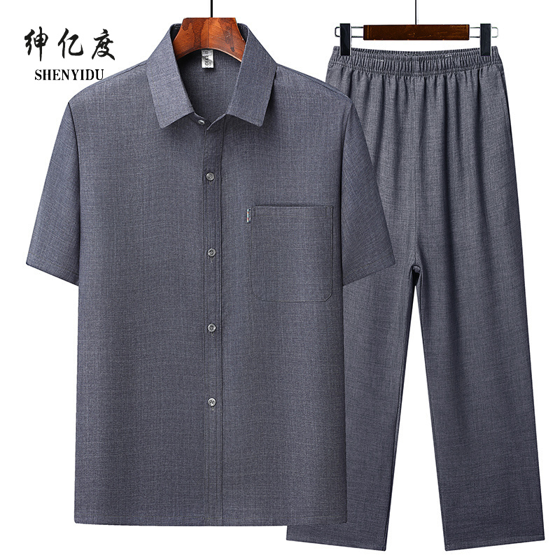 13389025.新款牛仔纱衬衫唐装男中国风夏季中老年人男士爷爷汉服爸爸装套装
