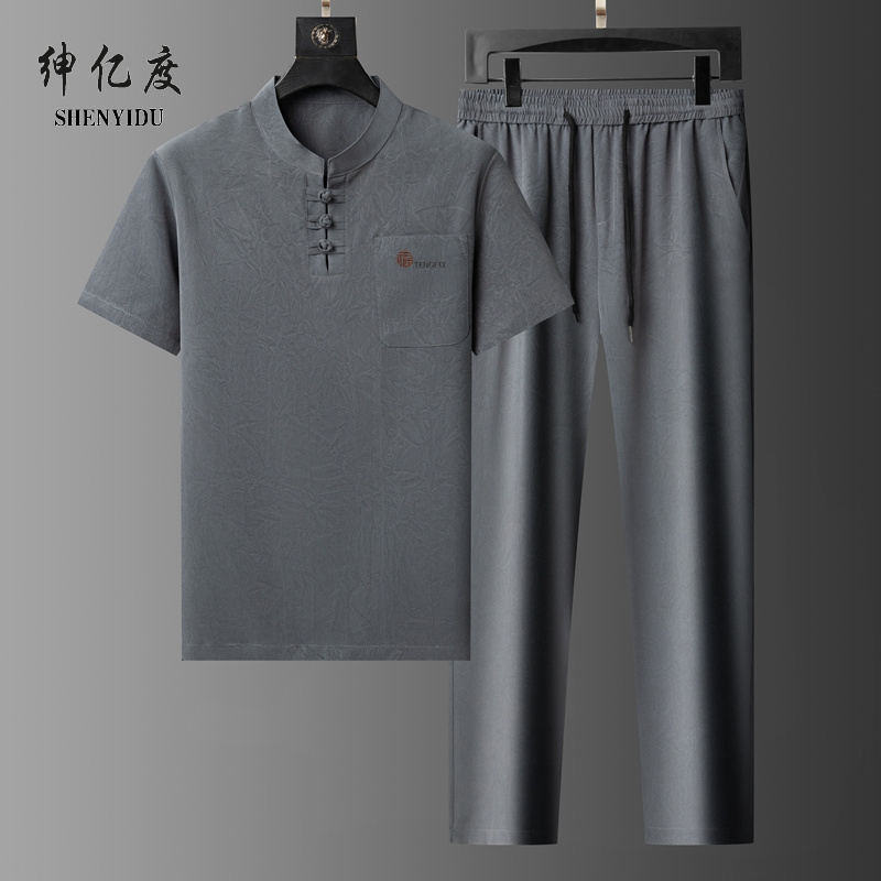 13389473.男士新款休闲套装时尚休闲中老年立领短袖上衣 休闲裤子