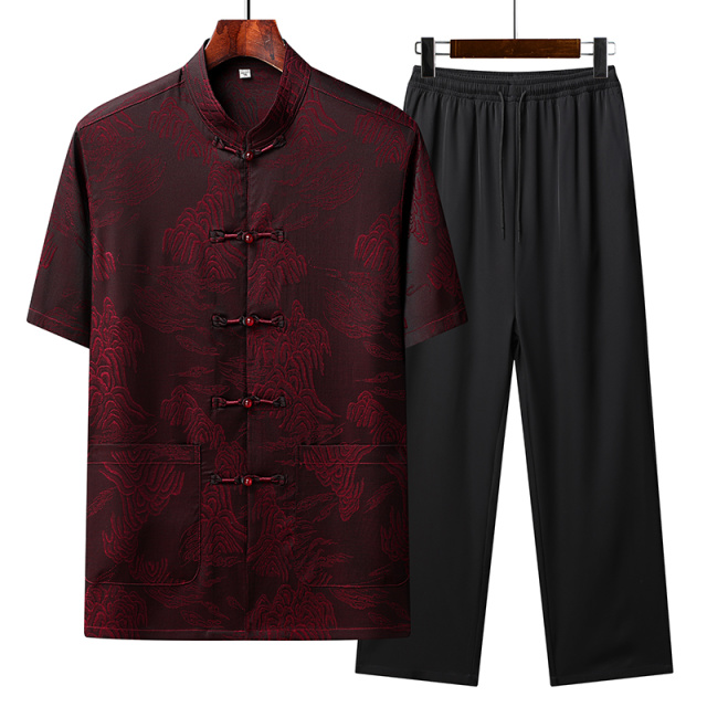 13380476.新款夏季中老年男士爸爸仿香云纱唐装套装中国风盘扣汉服长袖