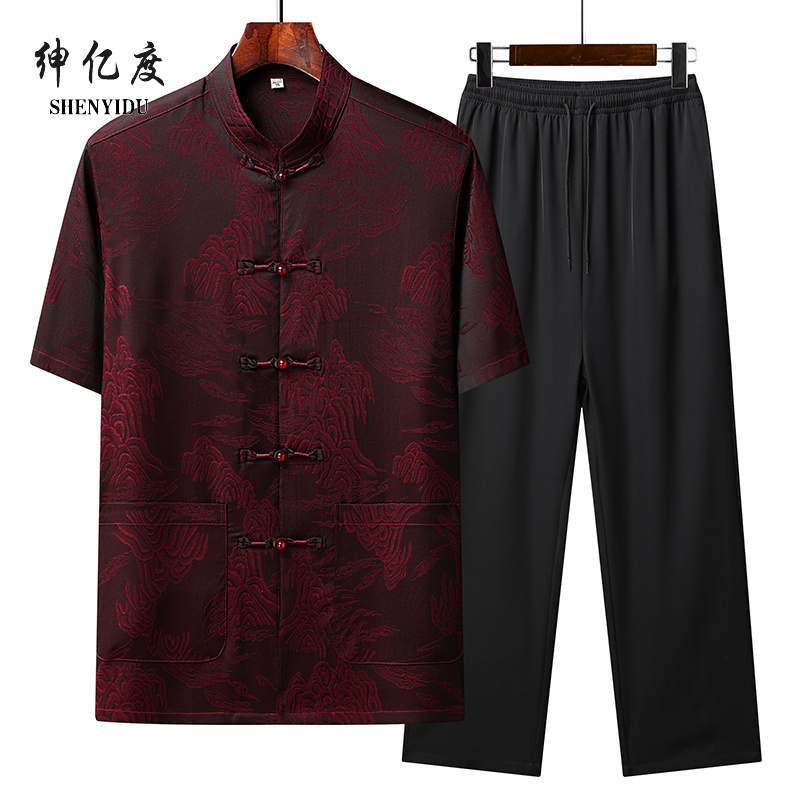13389024.新款夏季中老年男士爸爸仿香云纱唐装套装中国风盘扣汉服长袖