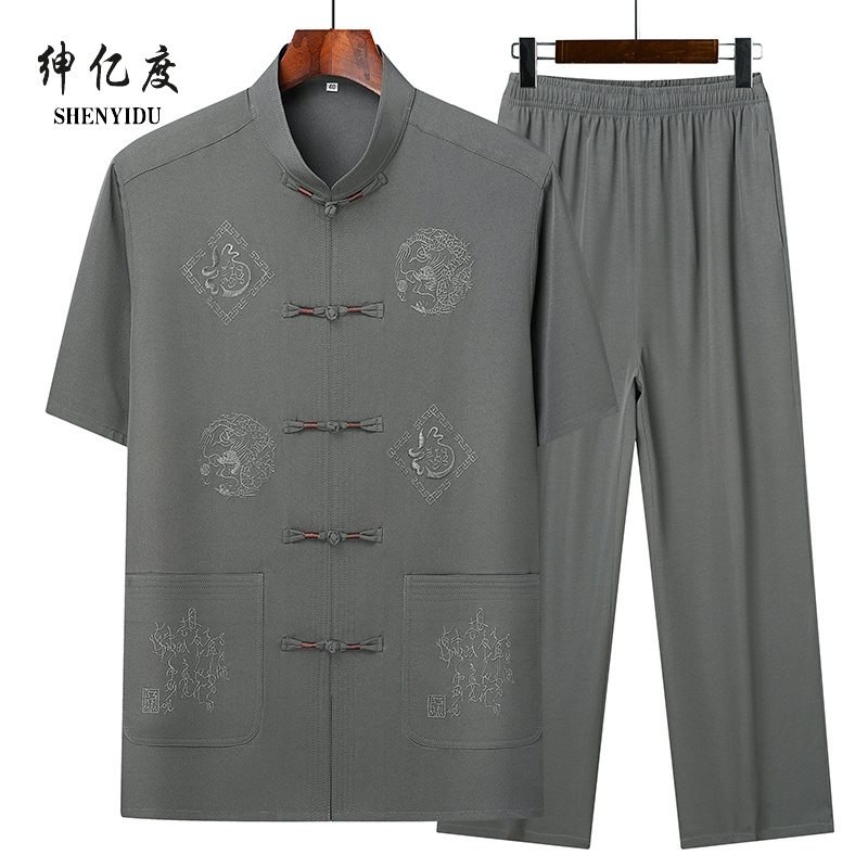 13389483.26年夏季新款爸爸装中国风短袖衬衫男士套装中老年绣花唐装裤子