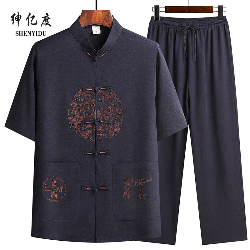 13389820.新款唐装夏季男中老年爸爸夏装男士老年人中国风爷爷中式短袖套装