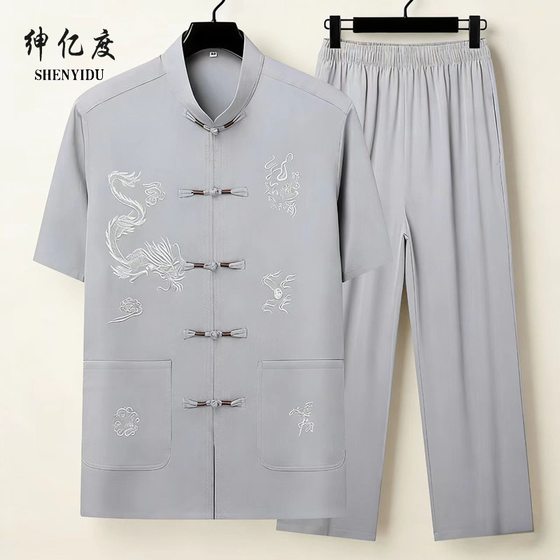 13389482.26年夏季新款爸爸装中国风短袖衬衫男士套装中老年绣花唐装裤子
