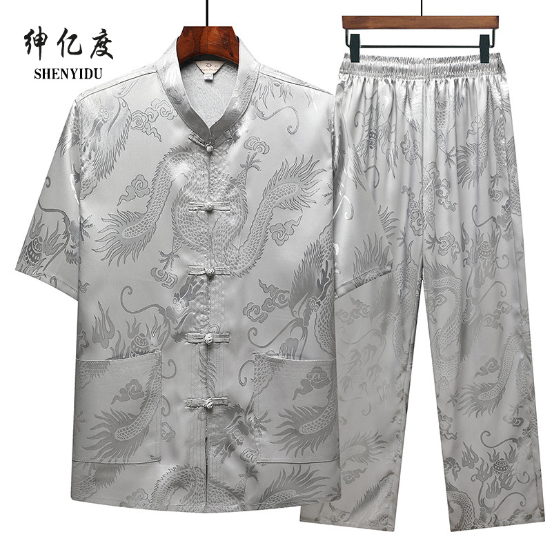 13389029.夏季中老年人唐装男薄款真丝中国风爸爸短袖套装