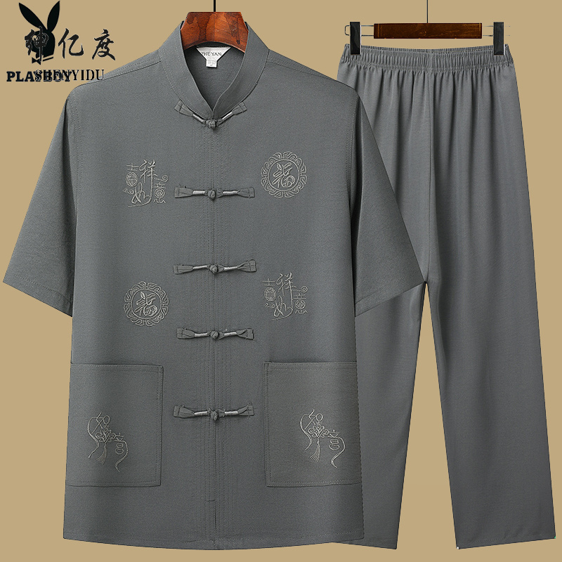 13389027.【主推】唐装夏季男中老年爸爸夏装男士老年人中国风爷爷短袖套装