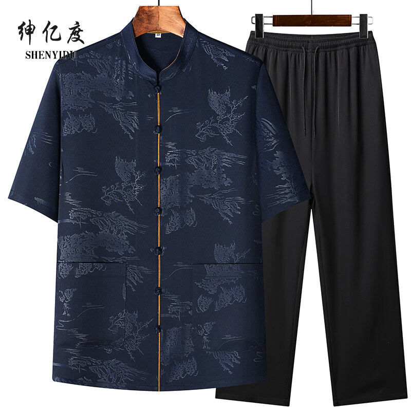 13389021.2026新款唐装男短袖夏季薄款中国风中老年冰丝唐装爸爸装套装