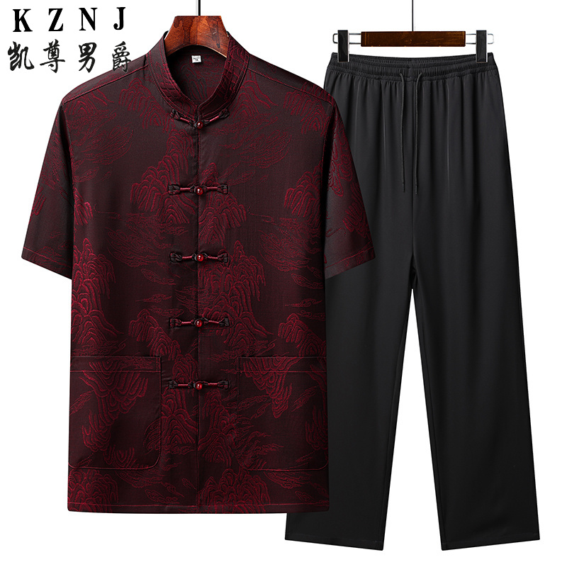 13380476.新款夏季中老年男士爸爸仿香云纱唐装套装中国风盘扣汉服长袖