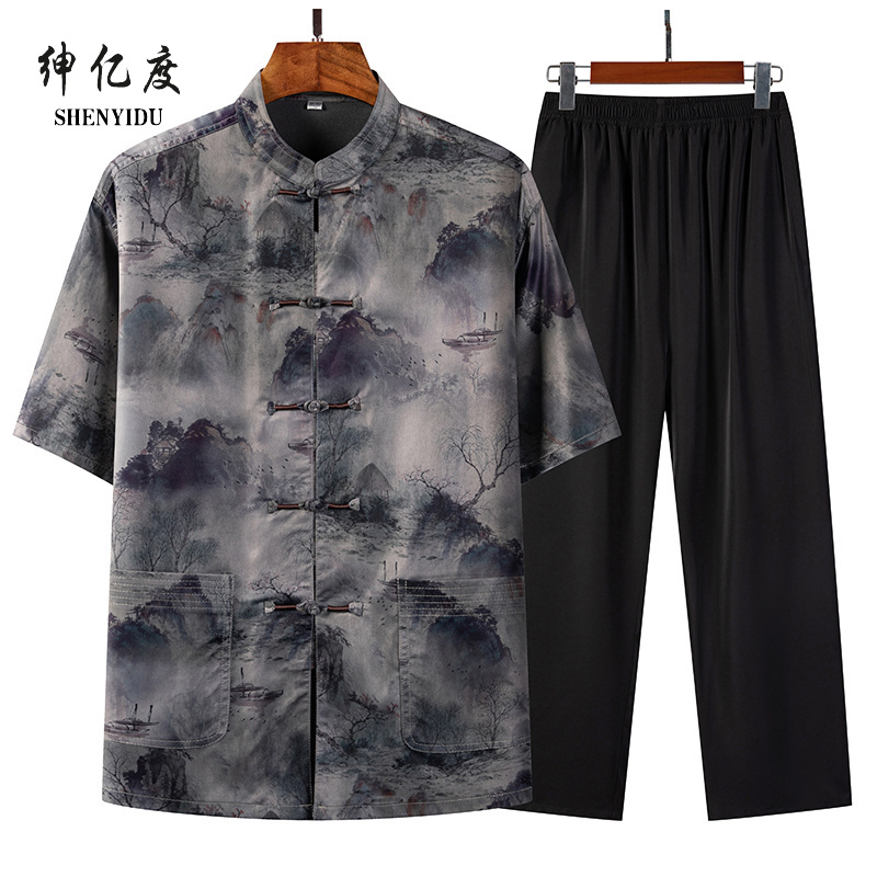 13389019.新款唐装男夏季中老年短袖套装香云纱中国风爸爸装套装男