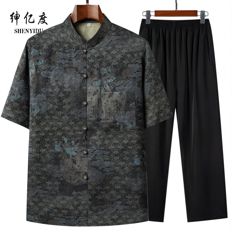 13389015.新款唐装男夏季中老年短袖套装香云纱中国风爸爸装套装