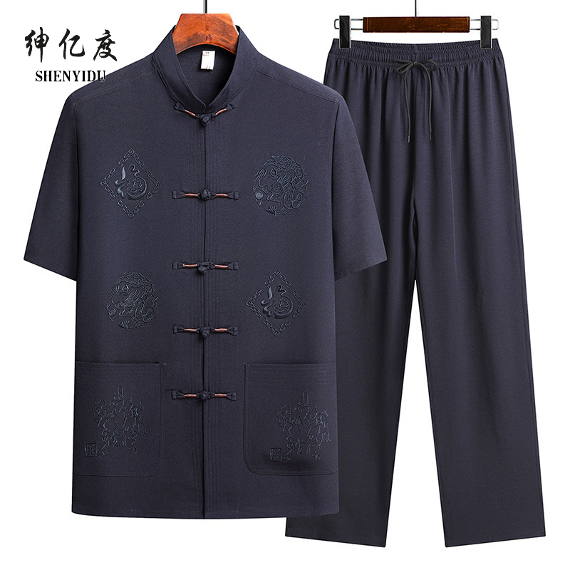 13389032.【主推】夏季中老年男士唐装爷爷短袖爸爸父亲中国风套装汉服