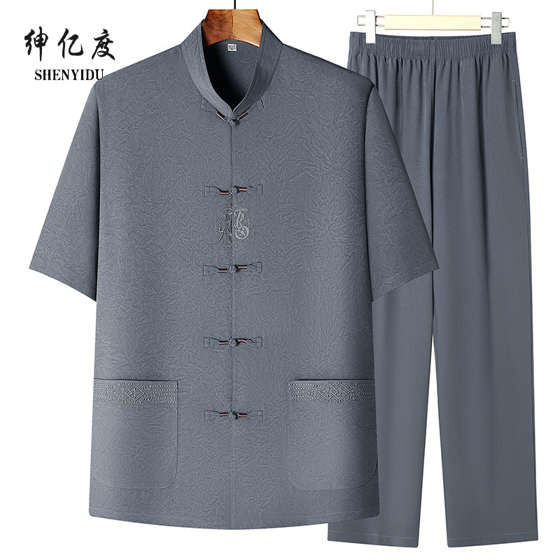 13389020.新款中老年人男士唐装香云纱短袖爸爸父亲中国风套装汉服中山装