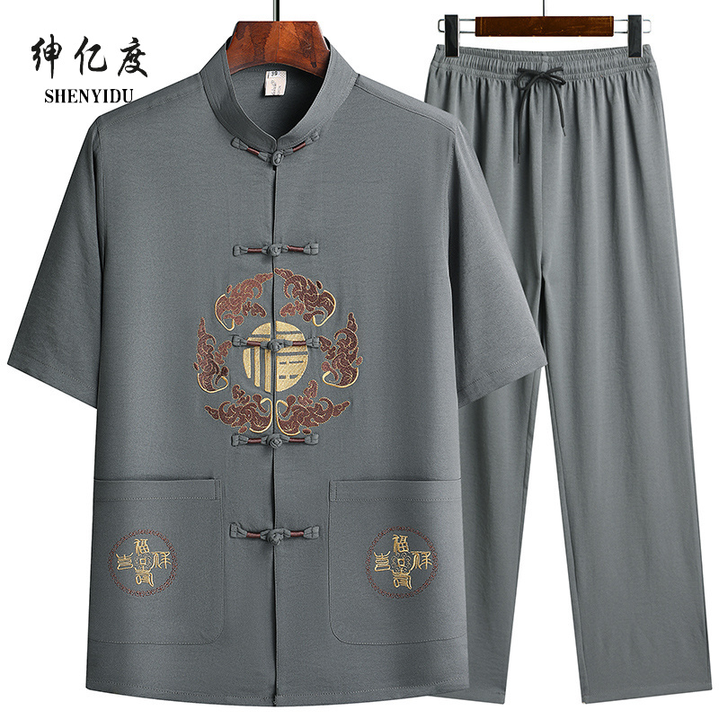 13389013.2026夏季中老年人男士唐装爷爷短袖爸爸父亲中国风套装汉服中山装